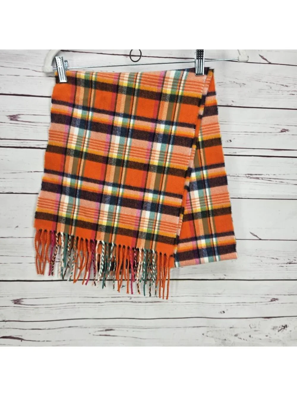 Vintage Payless Shoe Source Plaid Fringe Scarf Orange Multicolor Acrylic